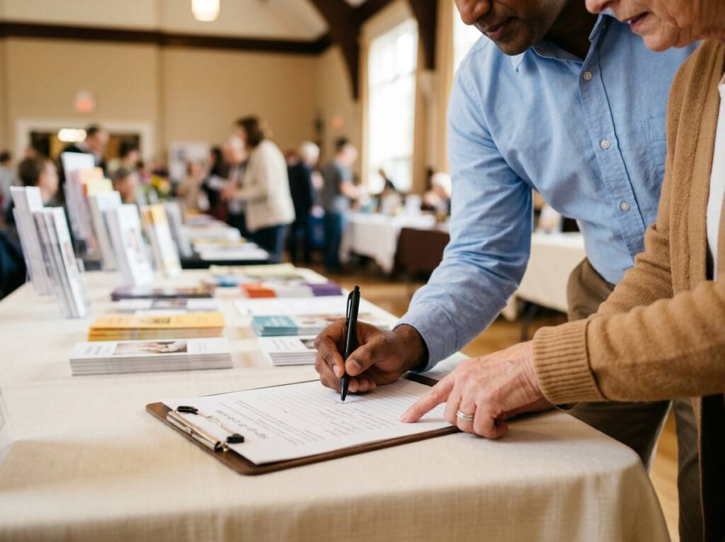 Parishioners signing up for a ministry at a table during the Ministry Fair
